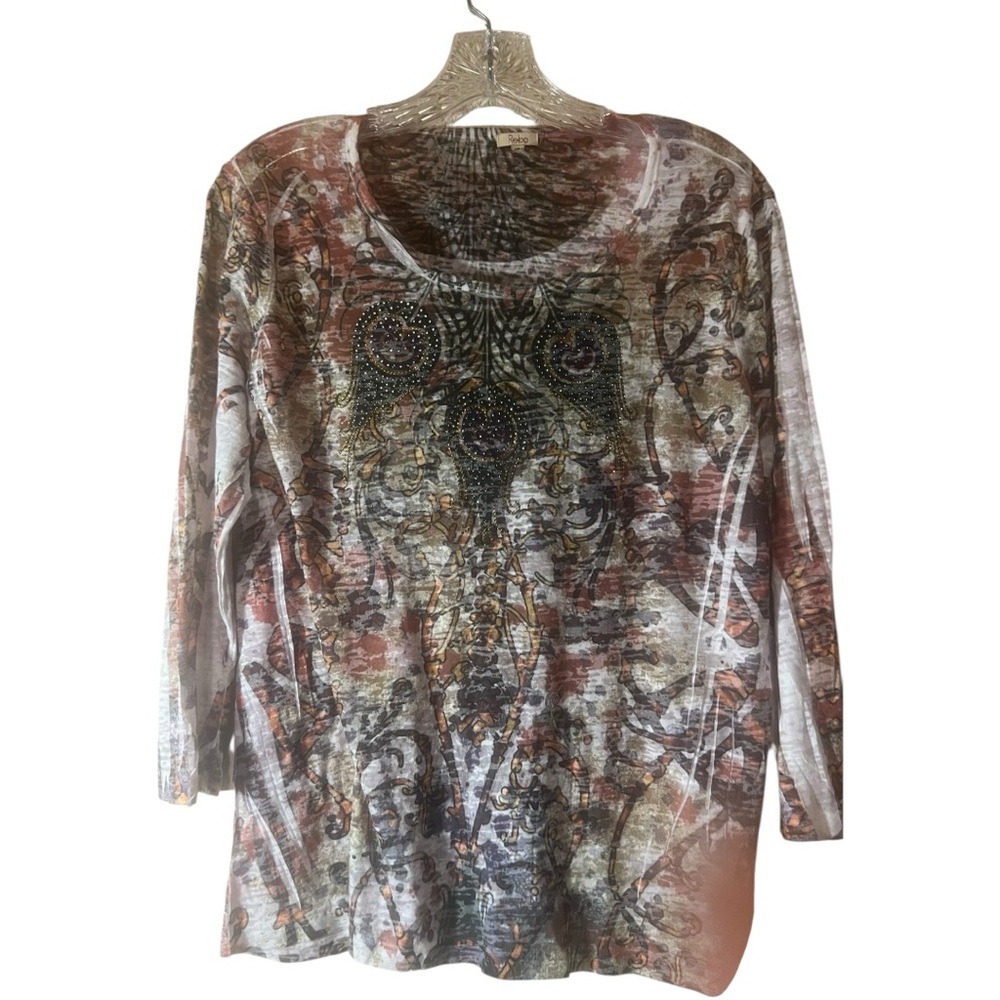 Reba XL Peacock Long Sleeve Top brown jeweled rhinestones light-weight stretch